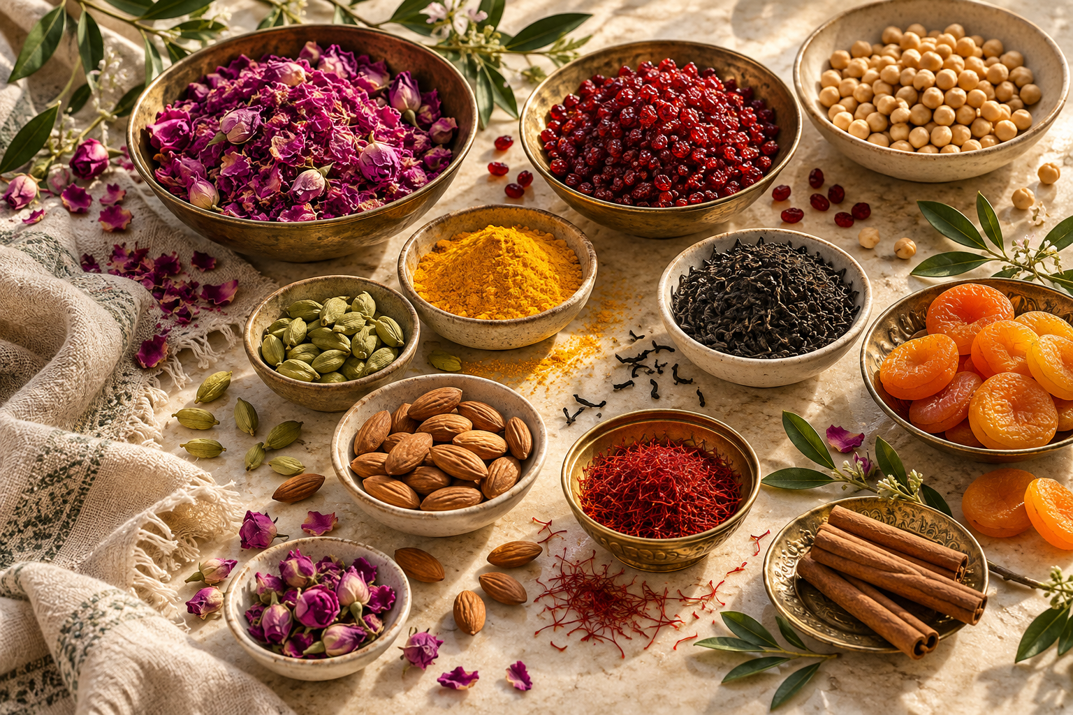 Illustrative arrangement of Persian pantry ingredients