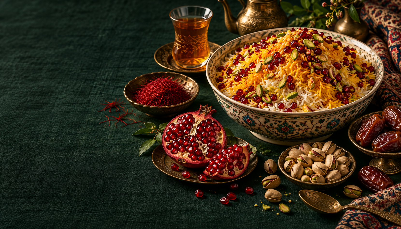 Illustrative Persian table with saffron rice, pomegranate, pistachios and tea