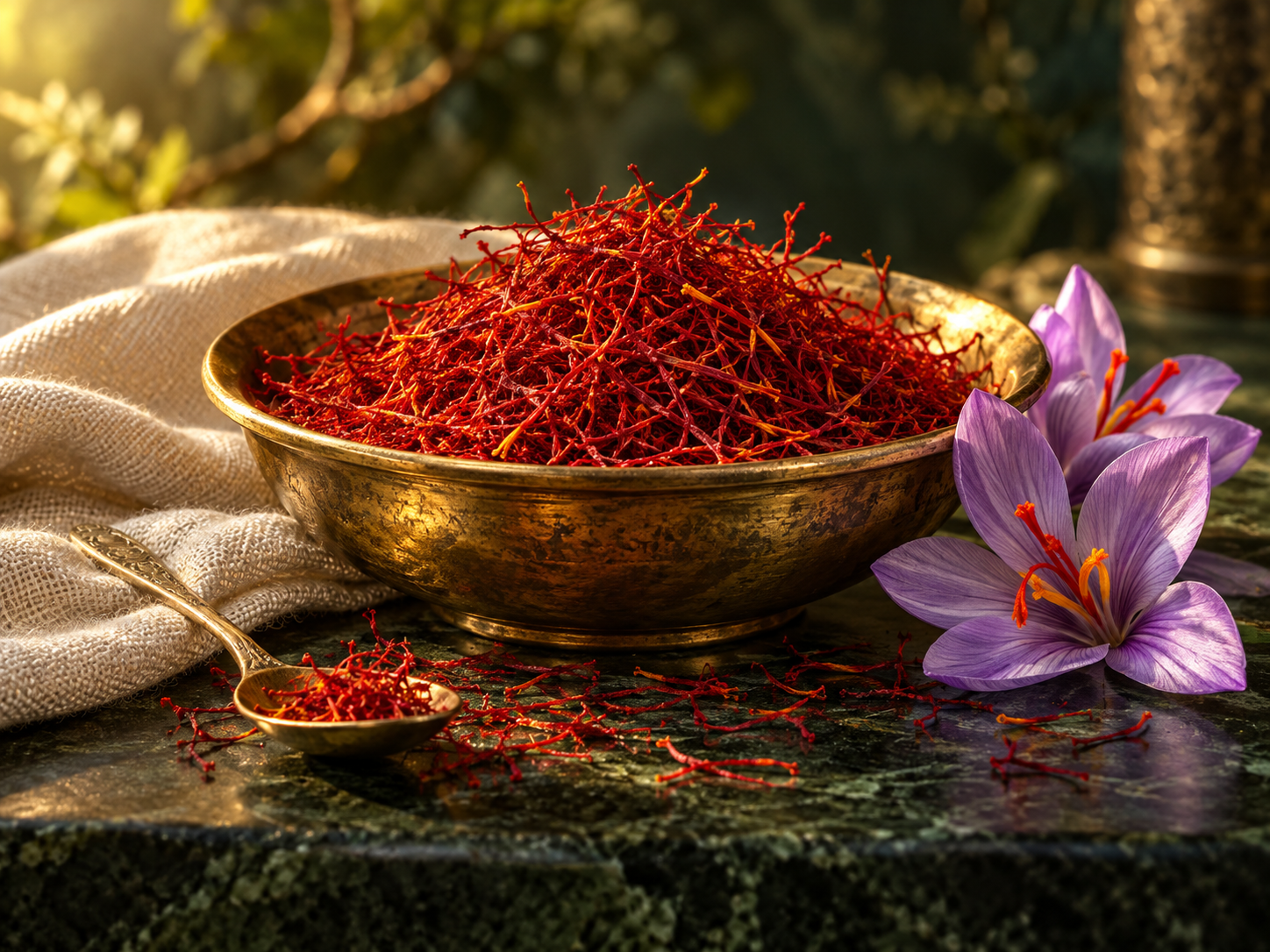 Unbranded saffron threads in a brass bowl with crocus flowers
