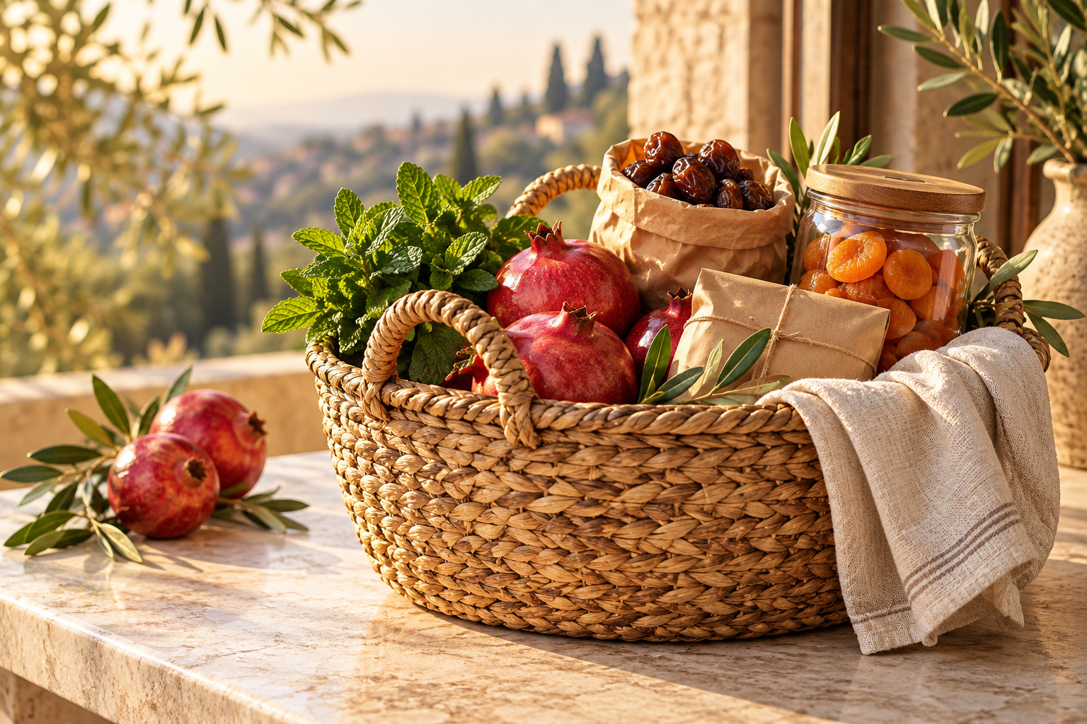 Illustrative woven basket filled with Persian groceries